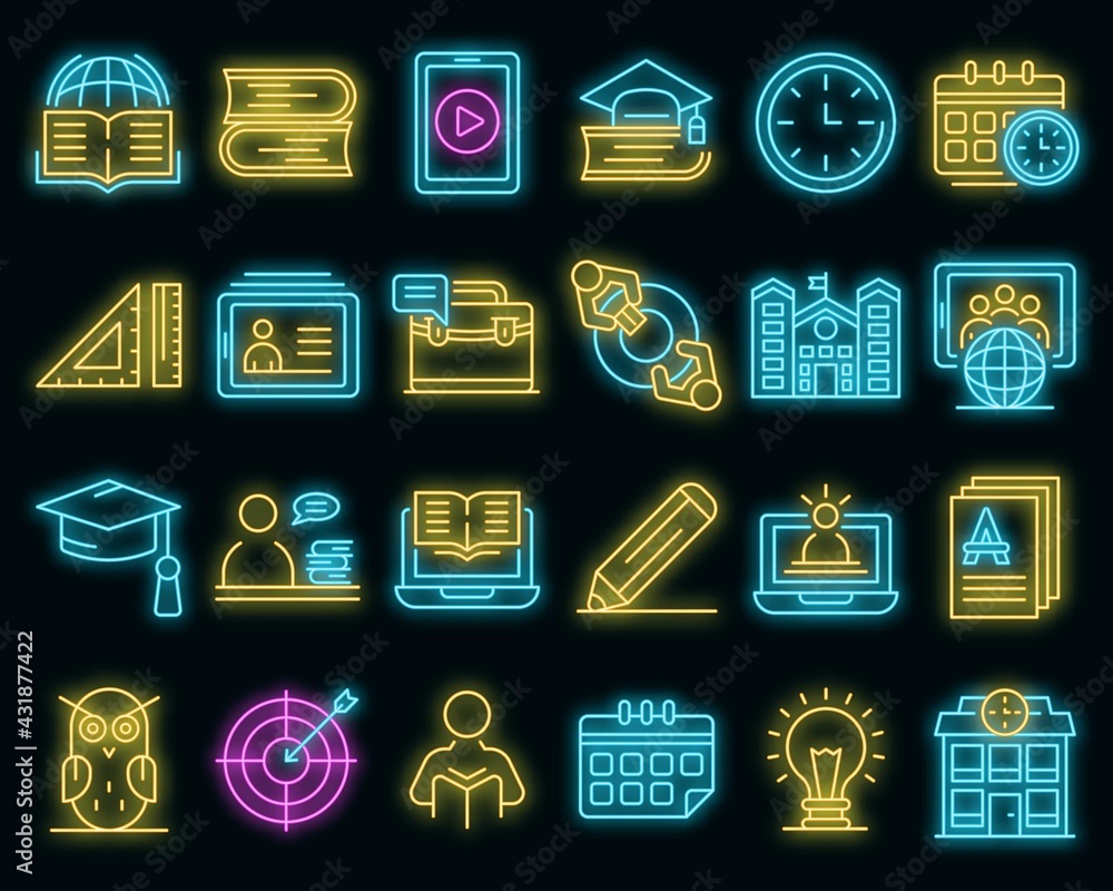 Poster tutor icons set. outline set of tutor vector icons neoncolor on black