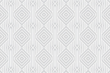 3D volumetric convex embossed white background. Ethnic geometric style. Shaped pattern for wallpapers, presentations, textiles, websites, coloring pages, wrapping paper.