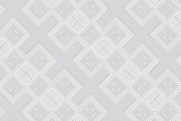 3D volumetric convex embossed white background. Ethnic geometric style. Modern original curly pattern for wallpapers, presentations, textiles, websites, coloring, wrapping paper.