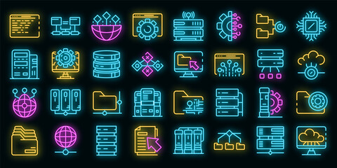 Data center icons set. Outline set of data center vector icons neoncolor on black