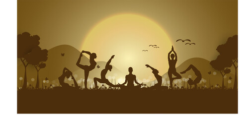 Plakat 21 june-international yoga day,paper cut yoga body posture, human silhouette and sun rays, vector illustration - Vector