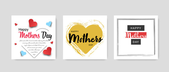 Social media templates for mothers day, square greeting card for mom, instagram and facebook layouts with heart shapes and handwriting lettering text 