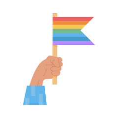 A person holding LGTB rainbow flag. Element for Pride Month celebration. Symbols for LGTBQ parade. Icon or sticker isolated on white background. Vector flat cartoon illustration. 