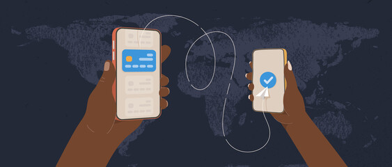 Transfer money by online internet banking all around the world flat vector illustration. African hands holding phones and sending money by credit card on world map background