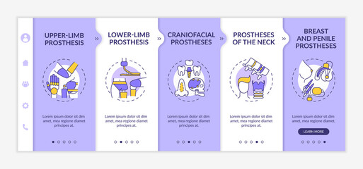 Obraz na płótnie Canvas Artificial limb types onboarding vector template. Responsive mobile website with icons. Web page walkthrough 5 step screens. Upper, lower-limb prostheses color concept with linear illustrations