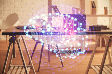 Multi exposure of brain drawing and office interior background. Concept of data technology.