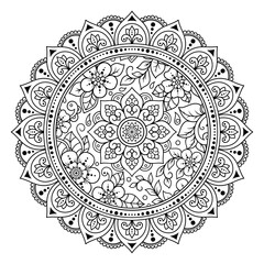 Circular pattern in form of mandala with flower for Henna, Mehndi, tattoo, decoration. Decorative ornament in ethnic oriental style. Outline doodle hand draw vector illustration.