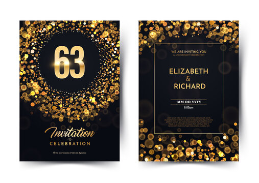 63rd years birthday vector black paper luxury invitation double card. Sixty three years wedding anniversary celebration brochure. Template of invitational for print dark background with bokeh lights