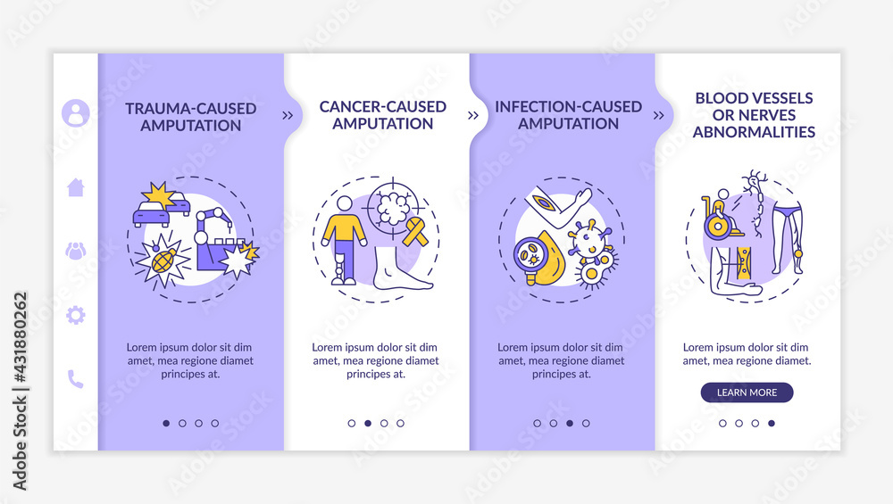 Aufkleber amputated limb causes onboarding vector template. responsive mobile website with icons. web page wal