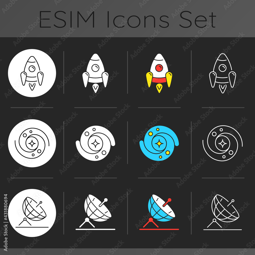 Poster astronautic dark theme icons set. tool for making star maps and maps of planetary surfaces. optical 