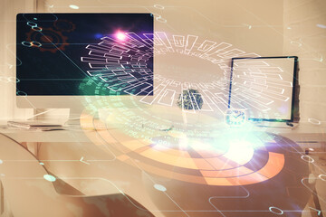Multi exposure of data theme drawing and office interior background. Concept of technology.