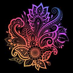 Mehndi flower pattern for Henna drawing and tattoo. Decoration in ethnic oriental, Indian style. Doodle ornament. Outline hand draw vector illustration. Rainbow design on black background.