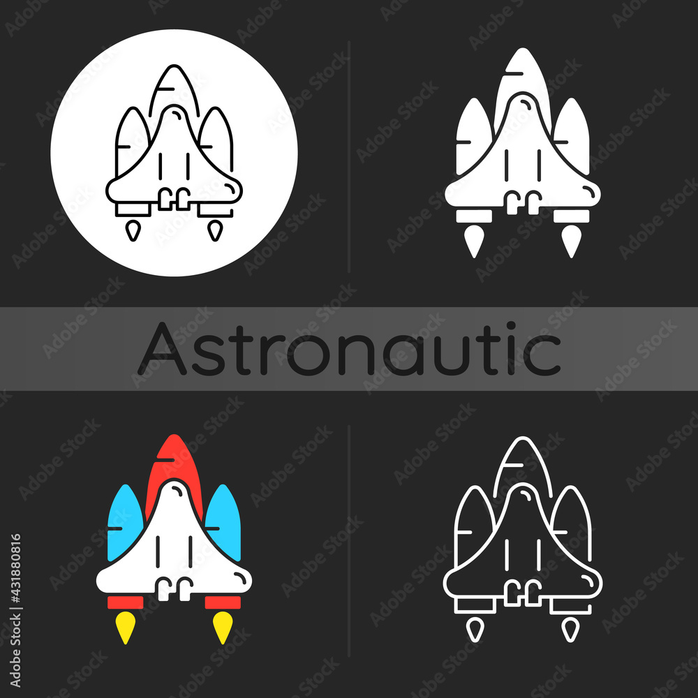 Poster space shuttle dark theme icon. orbital spacecraft system used for traveling in space. transporting t