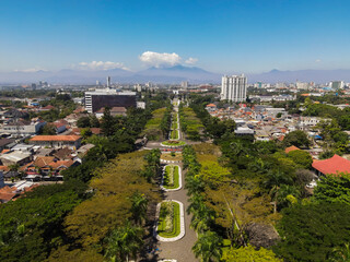 Aerial View of Gedung Sate and its surrounding, an Old Historical building with art deco style....