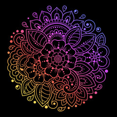 Colorful floral pattern for Mehndi and Henna drawing. Hand-draw ornament. Decoration in ethnic oriental, Indian style. Rainbow design on black background.