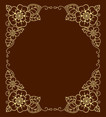 Stylized with henna tattoos decorative pattern for decorating covers for book, notebook, casket, magazine, postcard and folder. Flower in mehndi style. Frame in the eastern tradition.