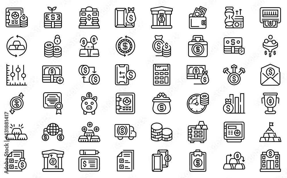 Poster bank reserves icons set. outline set of bank reserves vector icons for web design isolated on white 