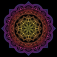 Color circular pattern in form of mandala with flower for decoration or print. Decorative ornament in ethnic oriental style. Rainbow design on black background.