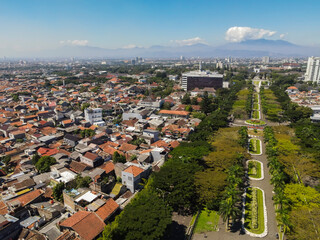 Aerial View of Gedung Sate and its surrounding, an Old Historical building with art deco style. Nowadays it is become a Governor Office,  icon and landmark of Bandung, West Java, Indonesia 