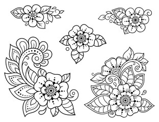 Set of Mehndi flower pattern for Henna drawing and tattoo. Decoration in ethnic oriental, Indian style. Doodle ornament. Outline hand draw vector illustration.