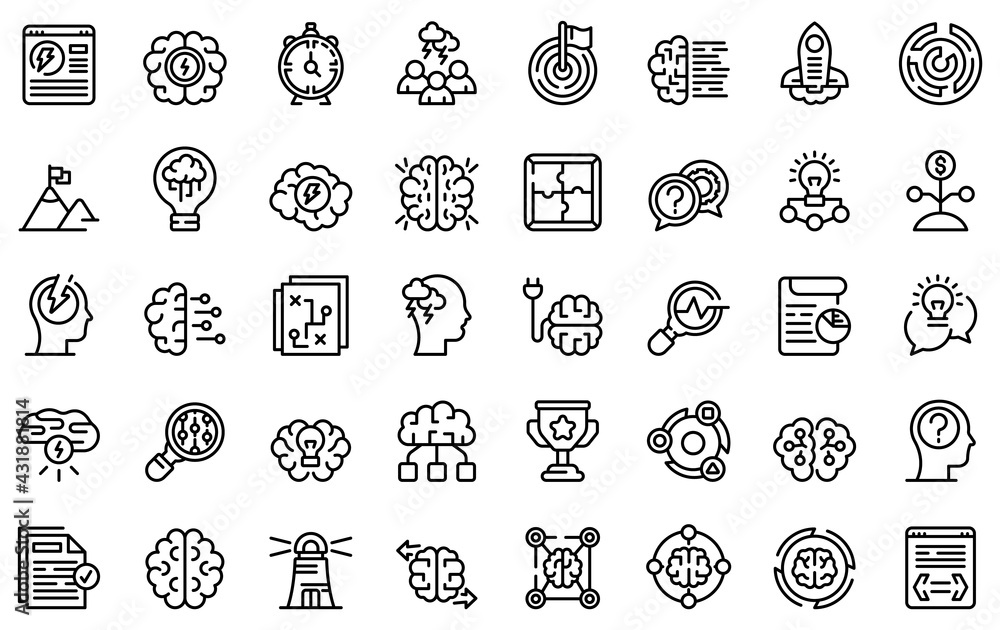 Poster brainstorming icons set. outline set of brainstorming vector icons for web design isolated on white 