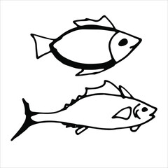 Doodle style tuna fish, white and black illustration, one line illustration, tuna for World tuna day