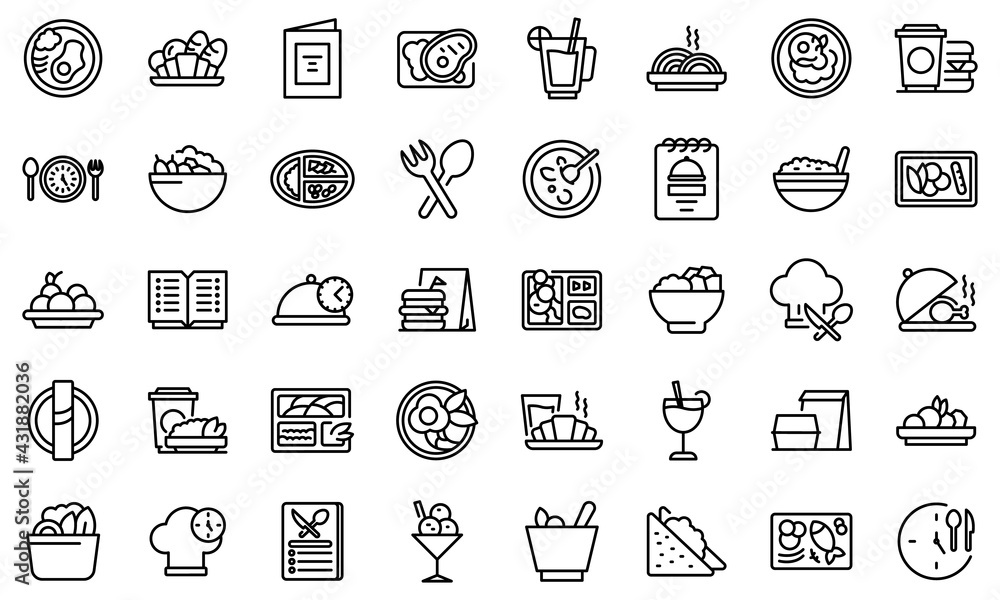 Poster business lunch icons set. outline set of business lunch vector icons for web design isolated on whit