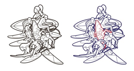 Group of Surfing Sport Women Players Action Cartoon Graphic Vector