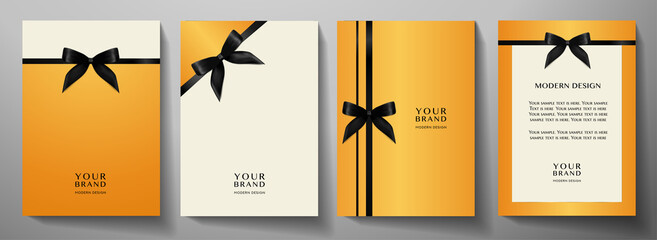 Holiday cover design set. Luxury orange background and black ribbon (bow). Formal premium vector collection template for invitation (invite vip card), greeting or gift card, award