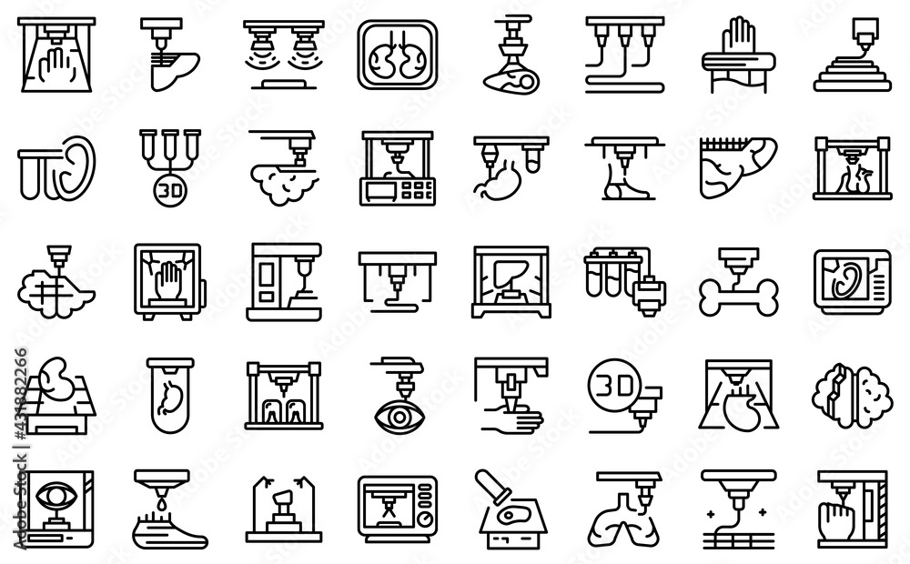 Poster bioprinting icons set. outline set of bioprinting vector icons for web design isolated on white back
