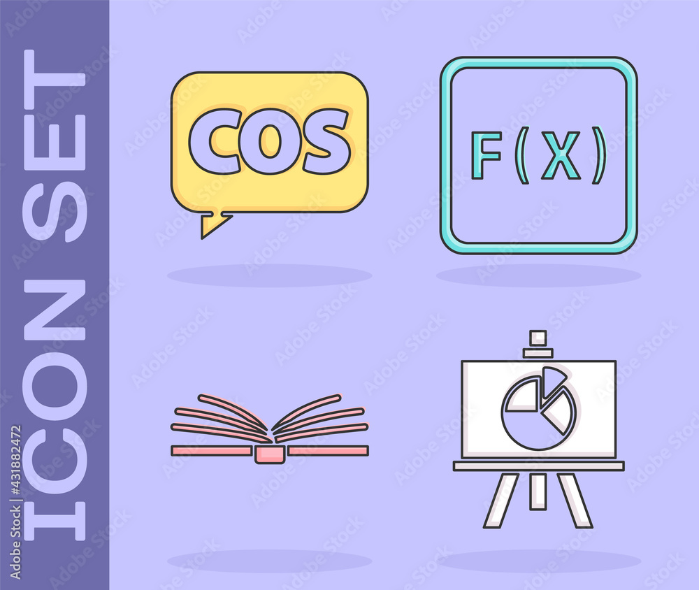 Poster set chalkboard with diagram, mathematics function cosine, open book and function mathematical symbol