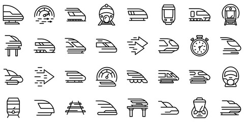 High-speed transportation icons set. Outline set of high-speed transportation vector icons for web design isolated on white background