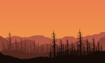 Mountain views with silhouettes of superb dry trees from the suburbs in the evening. Vector illustration