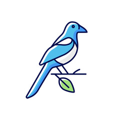 Oriental magpie RGB color icon. Azure robin. Flying bird. Taiwan wildlife. Wild animal. Protected species. Korean culture. Traditional symbols of Korea. Isolated vector illustration