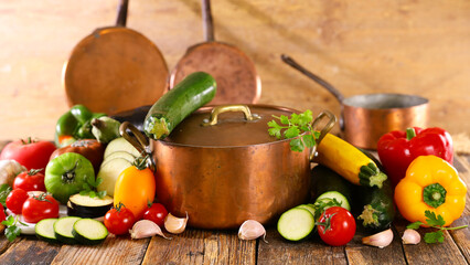 casserole with vegetables on wood background