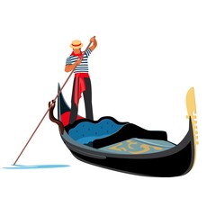 Venice gondola. Italy old boat with gondolier. Europe traveling concept. Vector - obrazy, fototapety, plakaty