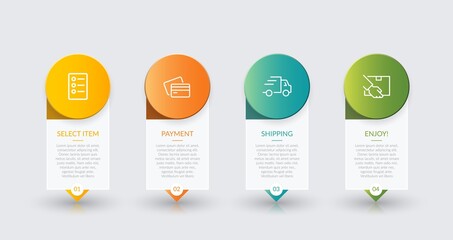 Concept of shopping process with 4 successive steps. Four colorful graphic elements. Timeline design for brochure, presentation, web site. Infographic design layout.