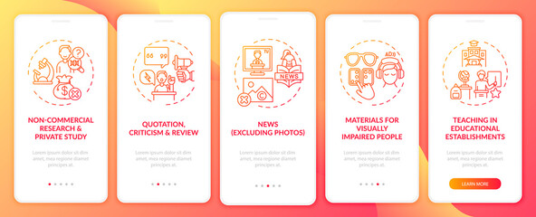 Copyright exceptions onboarding mobile app page screen with concepts. News, teaching materials walkthrough 5 steps graphic instructions. UI, UX, GUI vector template with linear color illustrations