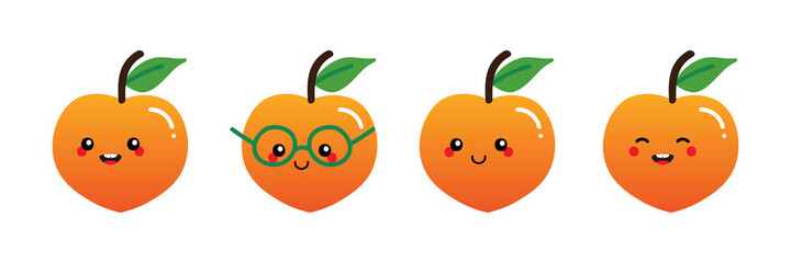Set, collection of cute and smiling cartoon style peach fruit characters for food design.