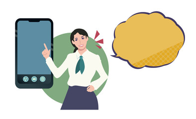 スマホを指して案内する白いブラウスの女性　人物ベクターイラスト