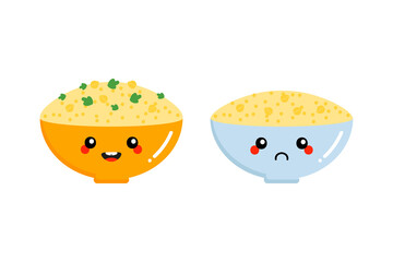 Couple of cute happy and sad cartoon style bowl of hummus characters for food design.
