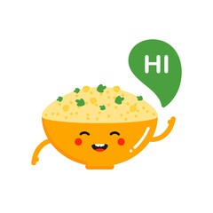 Cute happy cartoon style bowl of hummus character with speech bubble saying hi, hello.