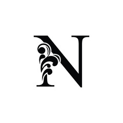 letter N. Vintage black flower ornament initial letters.  Alphabet. Logo vector 
