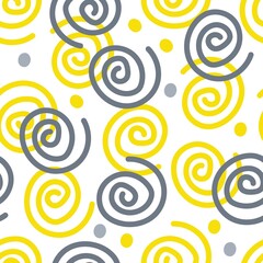 Abstract seamless pattern with spirals In trend colors yellow and gray. Abstract geometrical shape print for wallpapers, wrapping papers, textile. Trendy vector geometric curls shapes