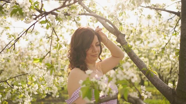 attractive woman near flowering tree in spring park. Cherry Orchard. solar glare
