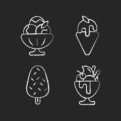 Ice cream varieties chalk white icons set on black background. Sorbet, sherbet. Gelato. Vanilla ice cream with sprinkles. Frozen yogurt, parfait. Isolated vector chalkboard illustrations