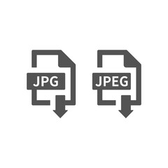 Jpeg and jpg file download black vector icon. Save image with arrow symbol.
