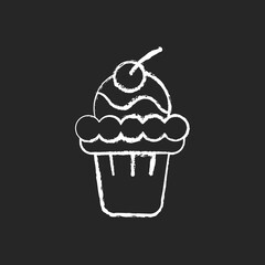 Soft serve chalk white icon on black background. Soft ice in waffle bowl. Sweet creamy dessert with cherry on top. Smooth semisolid ice cream. Isolated vector chalkboard illustration