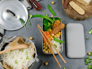 Homemade Thai vegetarian meal / Thai Sweet Chili Tempeh Buddha Bowl Bento / Delicious and healthy...