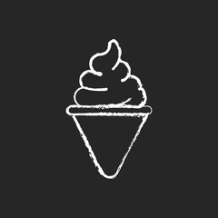 Ice cream cone chalk white icon on black background. Cone-shaped frozen pastry. Soft serve. Frozen ingredients. Mixture from milk, sugar. Waffle cone, poke. Isolated vector chalkboard illustration